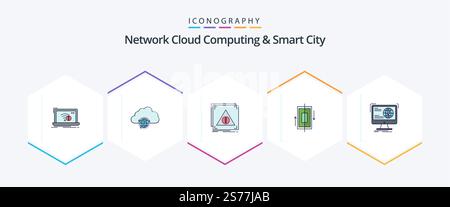 Network Cloud Computing And Smart City 25 FilledLine icon pack including data. sync. hub. alert. denied Stock Vector
