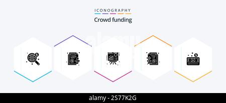 Crowdfunding 25 Glyph icon pack including media. money. graph. stack. documents Stock Vector