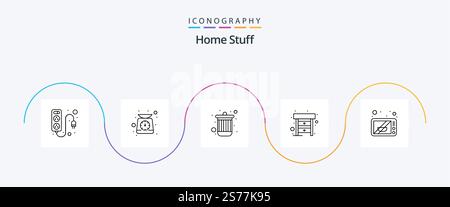 Home Stuff Line 5 Icon Pack Including microwave. furniture. bin. table. desk Stock Vector