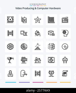 Creative Video Producing And Computer Hardware 25 OutLine icon pack  Such As clapper. board. theatre. action. form Stock Vector