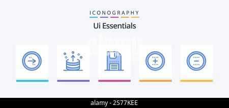 Ui Essentials Blue 5 Icon Pack Including interface. add. ui. save. floppy. Creative Icons Design Stock Vector