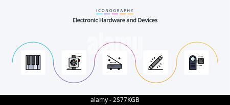 Devices Line Filled Flat 5 Icon Pack Including electronic. devices. watch. camcorder. equipment Stock Vector