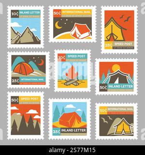 Colorful postage stamp with travel camping element. Flat tent at landscape, postmark collection design, vector illustration. Active journey concept at stamp, campsite elements with text. Colorful postage stamp with travel camping element Stock Vector