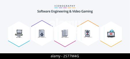 Software Engineering And Video Gaming 25 FilledLine icon pack including hdd. install. running. list. compile Stock Vector