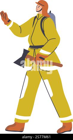 Fireman wearing protective costume and helmet holding ax to get and save people out of burning place. Putting out and extinguishing fire and flames, emergency worker job. Vector in flat style. Firefighter with ax in hands, fireman with tool Stock Vector