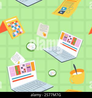 Calendar and laptop showing website with statistics, workplace and office supplies. Cup with coffee or tea, plans and charts. Seamless pattern, wallpaper or background print. Vector in flat style. Office supplies, calendar and laptop pattern print Stock Vector