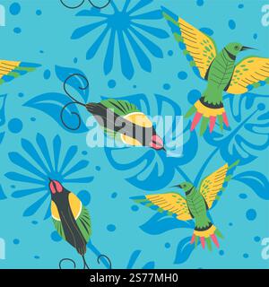 Hummingbirds and avian animals with colorful plumage and feathers. Tropical and exotic flora and fauna, foliage and leaves. Seamless pattern, background wallpaper or print. Vector in flat style. Parrots and hummingbirds, tropical flora print Stock Vector