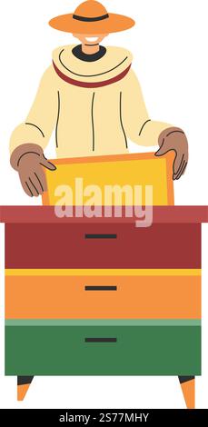 Apiculturist with beehive producing organic and natural products. Isolated apiarist making honey, sweet liquid for desserts and dieting. Farm beekeeping, and apiculture. Vector in flat style. Honey production and beekeeping, apiculturist Stock Vector