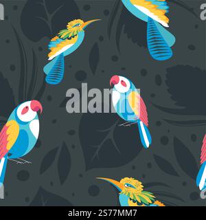 Exotic and tropical avian animals with colorful plumage. Parrots and colibri, flora and fauna. Leaves and flowers foliage. Seamless pattern, background wallpaper or print. Vector in flat style. Tropical avian animals, birds and leaves vector Stock Vector