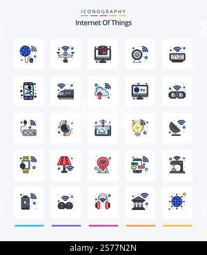 Creative Internet Of Things 25 Line FIlled icon pack  Such As smart. clock. online. security camera. cctv Stock Vector