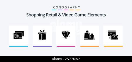 Shoping Retail And Video Game Elements Glyph 5 Icon Pack Including credit. shop. diamond. shopping. bag. Creative Icons Design Stock Vector