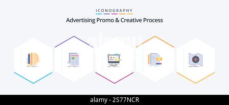 Advertising Promo And Creative Process 25 Flat icon pack including identity. brand. newsletter. studio. design Stock Vector
