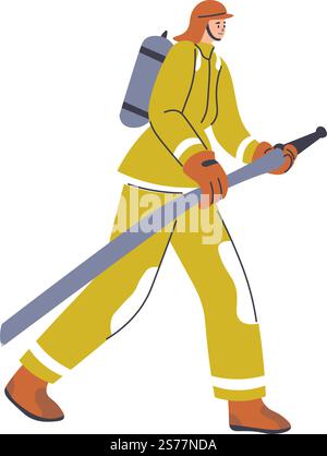 Firefighter wearing protective suit and helmet, isolated fireman with hose extinguishing fire and flames. Professional man at work, occupation and help to people with disaster. Vector in flat style. Fireman with hose extinguishing fire and flames Stock Vector