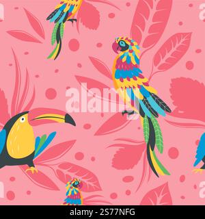 Tropical and exotic avian animals and flowers, foliage and leafage of warm countries. Parrots and birds with colorful plumage. Seamless pattern, background wallpaper or print. Vector in flat style. Exotic foliage, flora and fauna, seamless pattern Stock Vector