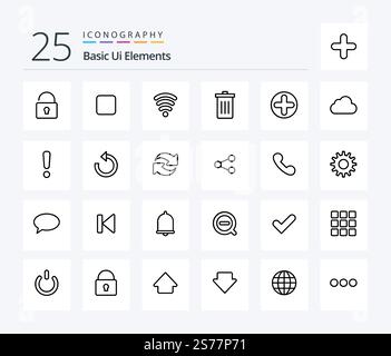 Basic Ui Elements 25 Line icon pack including medical. sign. signal. plus. garbage Stock Vector