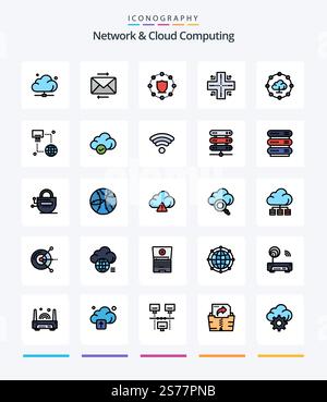 Creative Network And Cloud Computing 25 Line FIlled icon pack  Such As network. technology. . location. network Stock Vector