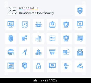Data Science And Cyber Security 25 Blue Color icon pack including laptop. computer. security. antivirus. security Stock Vector
