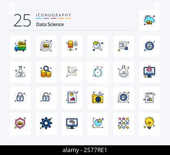 Data Science 25 Line Filled icon pack including rack. lock. lock. database. search Stock Vector