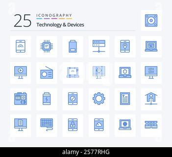 Devices 25 Blue Color icon pack including mobile. location. low. signal. devices Stock Vector