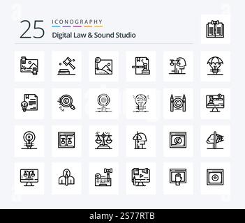 Digital Law And Sound Studio 25 Line icon pack including file. digital. law. copyright. copyrighted Stock Vector