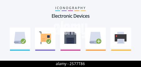 Devices Flat 5 Icon Pack Including devices. add. devices. gadget. disc. Creative Icons Design Stock Vector