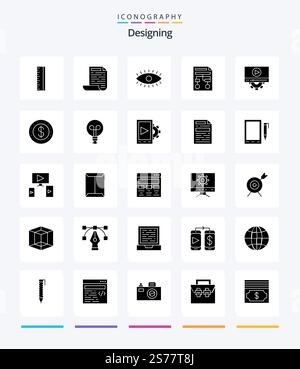 Creative Designing 25 Glyph Solid Black icon pack  Such As setting. video. watch. document. process Stock Vector