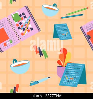 Documents and pencils, calendar and bookmarks, pens and diaries for writing and putting down memos. Houseplant and calendar. Seamless pattern, wallpaper or background print. Vector in flat style. Office supplies, documents and pencils pattern Stock Vector