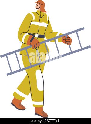 Firefighter in suit and protective helmet carrying ladder to reach to high floor. Isolated emergency service and help to put out and extinguish fire and flames. Vector in flat style illustration. Man in firefighter suit holding ladder vector Stock Vector