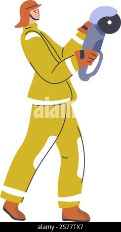 A firefighter with Bulgarian grinder working in a disaster situation. Isolated male character with instrument to help people get out from closed space or room. Putting fire out. Vector in flat style. Man working as firefighter with Bulgarian grinder Stock Vector