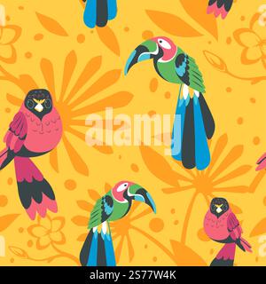 Parrots with curved beak and colorful plumage and feathers. Tropical and exotic foliage and flowers in blossom, leafage. Seamless pattern, background wallpaper or print. Vector in flat style. Tropical flower foliage and parrots seamless print Stock Vector