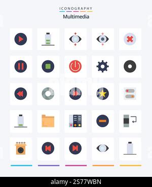 Creative Multimedia 25 Flat icon pack  Such As power. stop. close. multimedia. multimedia Stock Vector