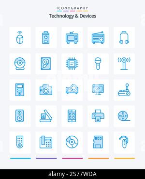 Creative Devices 25 Blue icon pack  Such As camera. phone. media. earphone. media Stock Vector