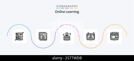 Online Learning Line 5 Icon Pack Including youtube. online. learning. learn. light Stock Vector