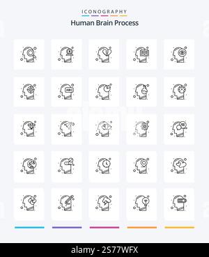 Creative Human Brain Process 25 OutLine icon pack  Such As mind. head. money. education. break heart Stock Vector
