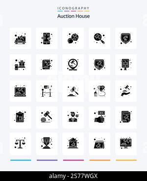 Creative Auction 25 Glyph Solid Black icon pack  Such As search. lawyer. smartphone. law. communication Stock Vector