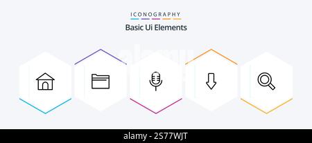 Basic Ui Elements 25 Line icon pack including search. download. mic. down. arrow Stock Vector