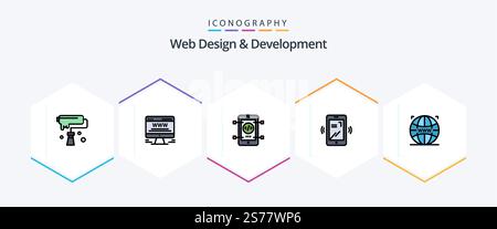 Web Design And Development 25 FilledLine icon pack including web. layout. web advert. vibrate. web Stock Vector