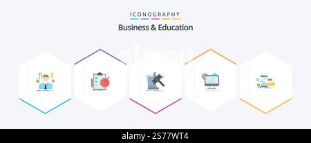 Business And Education 25 Flat icon pack including report. account. target. law. hammer Stock Vector