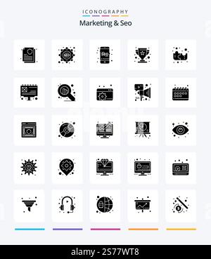 Creative Marketing And Seo 25 Glyph Solid Black icon pack  Such As ad. puzzle. marketing. education. winner Stock Vector