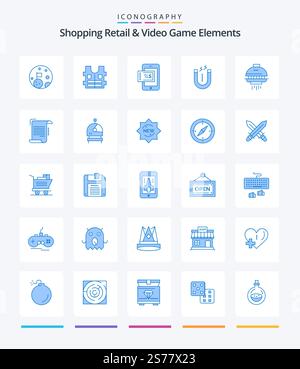 Creative Shoping Retail And Video Game Elements 25 Blue icon pack  Such As ufo. shuttle. shopping. space. attracting Stock Vector