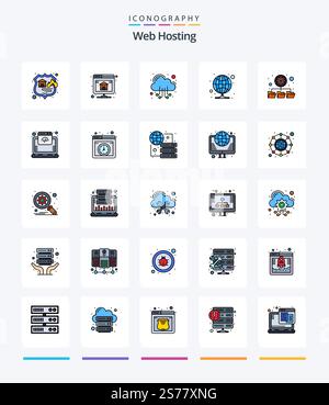 Creative Web Hosting 25 Line FIlled icon pack  Such As folders. server. cloud. proxy. hosting Stock Vector