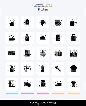 Creative Kitchen 25 Glyph Solid Black icon pack  Such As mortar. cooking. pin. rice cooker. plates Stock Vector
