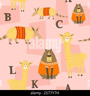 Animals portraits, learning ABC letters with cute personages. Llama and bear wearing sweater. Preschool education and knowledge. Seamless pattern, wallpaper or background print. Vector in flat style. ABC letters learning, animals portraits vector Stock Vector