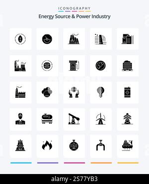 Creative Energy Source And Power Industry 25 Glyph Solid Black icon pack  Such As gasoline. attom. building. earth. globe Stock Vector