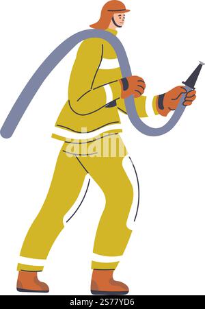 Male character in firefighter suit holding a hose for extinguishing and putting out fire and flames. Emergency services worker with helmet and protective costume. Vector in flat style illustration. Firefighter man with hose, male in suit vector Stock Vector