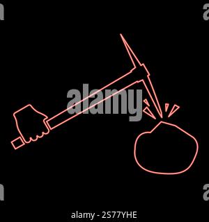 Neon pickaxe hit stone in hand red color vector illustration image flat style light. Neon pickaxe hit stone in hand red color vector illustration image flat style Stock Vector