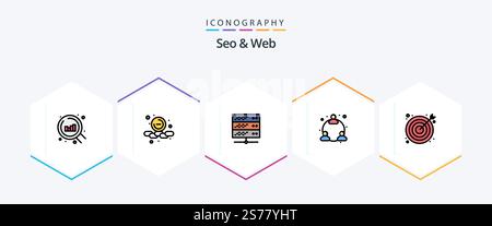 Seo and Web 25 FilledLine icon pack including target. search. network server. marketing. user Stock Vector