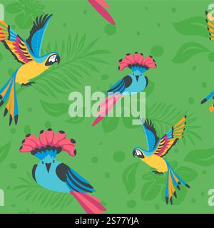 Flora and fauna of tropical countries. Avian animals with colorful plumage and feathers. Foliage and leafage, palm leaves. Seamless pattern, background wallpaper or print. Vector in flat style. Tropical flora and fauna, parrots and birds print Stock Vector