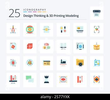 Design Thinking And D Printing Modeling 25 Flat Color icon pack including box. computing. file . sign. research Stock Vector