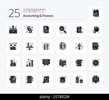 Accounting And Finance 25 Solid Glyph icon pack including analytics. data analysis. analysis. auditing. revenue Stock Vector